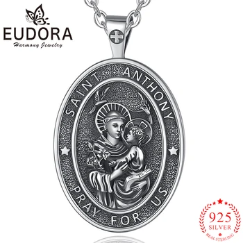 Eudora 925 Sterling Silver St. Anthony Náhrdelník Amulet Viery Prívesok Muži Ženy Jemné Náboženské Šperky Vintage Strany Darček