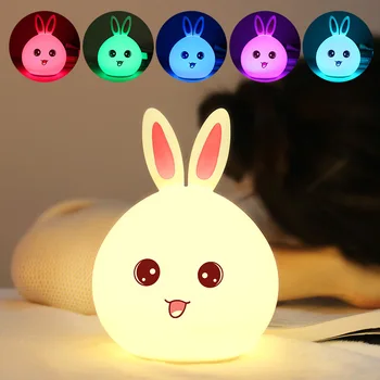 Silikónové Baby Škôlky Lampa Roztomilý Králik Dotykový Snímač Ťuknite na položku a Diaľkové Ovládanie USB Nabíjateľné Deti Hračka LED Tabuľka Noc Bunny Svetlo