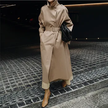 Dvojité Breasted Klasické Dlhý Výkop Coats Ženy Stand-Up Golier Streetwear Módy Jar Jeseň Windbreaker Kabát S Pásom