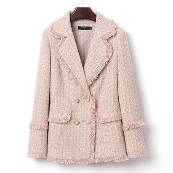 Vysoko Kvalitné Vlnené Zmesi Tweed Bunda Ženy 2021 Nový Vintage Dizajnér Bežné Coats Dvojité Breasted Strapec Vrchné Oblečenie