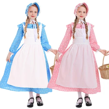 Deti, Dievčatá, Modrá Kvetinový Koloniálnej Prairie Pioneer Dievča Kostým, Šaty Dlhé Knihy, Týždeň, Deň Vďakyvzdania Šaty Slúžka Šaty