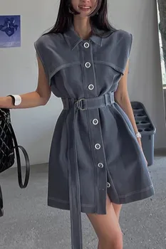 Francúzske retro vesta bez rukávov šaty dámske letné nové malé temperament svetlosti pás pracky krátke sukne