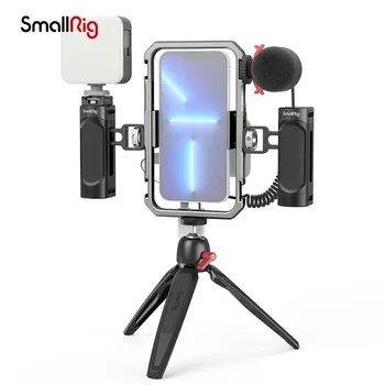 SmallRig Universal Video Kit pre iPhone SmartPhone Vlogging a Live Streaming Klietky Sada s Mikrofónom Svetlo, Statív Strane Rukoväť