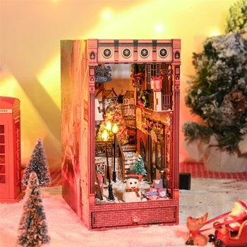 DIY Drevené Knihy Kút Polica Vložiť Kit Miniatúrny Stavebné Súpravy Vianočné Bláznivej Noci Regál S Svetlá Bookends Dospelých Dary