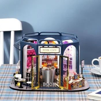DIY Casa Drevený domček pre bábiky Kit Miniatúrny s Nábytkom Knihy Cafe Shop Chata Doll House Hračky pre Dievčatá Dospelých Vianočné Darčeky