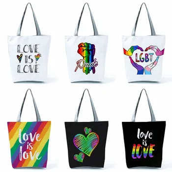 Bežné Karikatúra Tlače Tašky cez Rameno, Vysoká Kapacita Prenosné Shopper Taška láska je Láska Rainbow Obrázok Tote Tašky Pre Ženy Skladacia