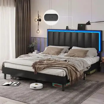 Queen Bed Bed,Moderný Komfort Posteľ s Kožené Postele & LED Svetlo, Jednoduchá Montáž,Jedinečný dizajn posteľ,oblek pre mládež, dospelých, spálňa