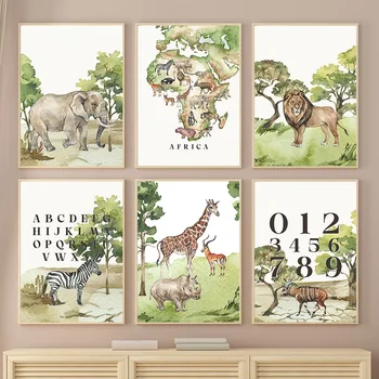 Lev, Slon Žirafa, Zebra Jungle Zvierat Škôlky Wall Art Plátno Na Maľovanie Nordic Plagáty A Vzory, Obrázky Detská Izba Decor