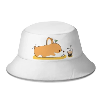 2022 Nové Letné Corgi A Bubble Tea Vedierko Hat pre Ženy, Mužov Vonkajšie Skladacia Róbert Rybár Klobúky Dievčatá Chlapci Slnko Spp