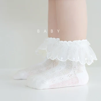 Biela Čipka Baby Ponožky Tenké Letné Dievčatá Ponožky Česanej Bavlny Detí Oka Ponožky Princezná Čipky Novorodenca Ponožky