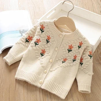 Detský sveter jeseň a v zime nový kórejský verzia zahraničných sladké kvetinové výšivky troch-dimenzionální loptu pletené