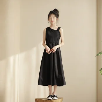 Dospievajúce Dievčatá Čierne Šaty 2023 Lete Jednoduché Čierne bez Rukávov Nové Módne Princezná Dlhé Elegantné Šaty pre Dievčatá