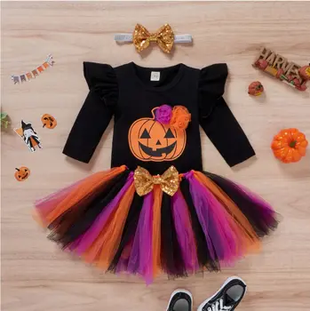 Baby Dievčatá Halloween Oblečenie Nastaviť Dlhý Rukáv List Vytlačený Romper Multicolor Priadza Sukne Headdress Halloween Kostým