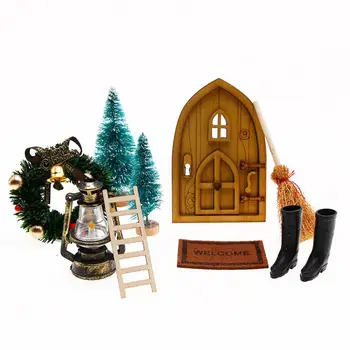 Klasické Vianočné Farby Dekorácie Nastaviť Slávnostné Víla Dvere Nastaviť 9-dielna Vianočné Drevené Miniatúrne Ozdoby na Dollhouses