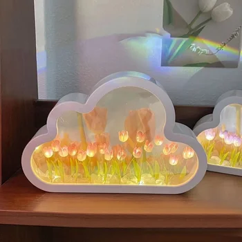 Ručné Cloud Tulipán Nočné Osvetlenie DIY Materiál Package Cloud Zrkadlo Tulipány Lampa Valentines Day Darčeky Domova pre Spálne