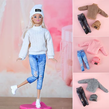 Hot predaj 1/6 Barbie doll oblečenie, Sveter Klobúk Džínsy Vyhovovali 30 cm Bábiky Oblečenie pre Baibie 3-Nastaviť Šaty Up Príslušenstvo