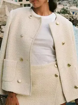 Ženy Tweed Vlnené Kabát Dvojité Breasted Dlhý Rukáv O-Krku Elegantné 2023 Jeseň Zimná Bunda